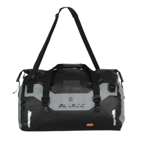Image of SOLACE SUSKA Waterproof Tail Bag for Motorcycle, 60L 60x32x40 cm, with Roll-Top Closure Reflective Bungee and Webbing Mounting Straps Detachable Backpack Straps