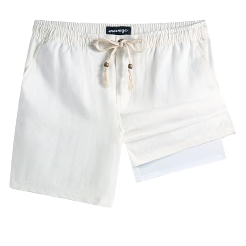 maamgic Mens Casual Linen Shorts 5/7 Inch Elastic Waist Drawstring Summer 2 in 1 Beach Shorts with Pockets