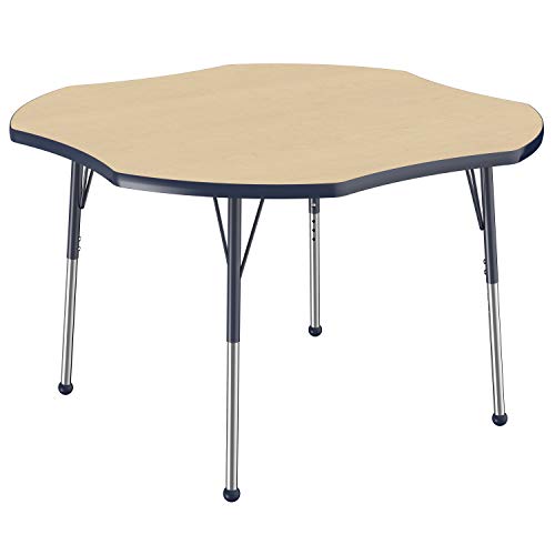 Image of FDP Clover Activity School and Office Table (48 x 48 inch), Standard Legs with Ball Glides for Collaborative Seating Environments, Adjustable Height 19-30 inches - Maple Top and Navy Edge