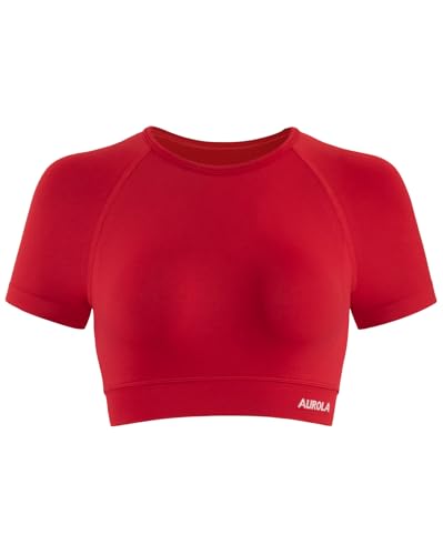 Image of AUROLA Influence Women Crop Top Short Sleeve Compression Workout T-Shirt | Raglan Short Sleeve Crop Top, High-Stretch Seamless Knit, Stay-Put Ribbed Underband, Soft Breathable Comfort