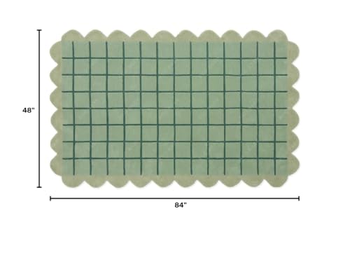 Image of Hand-Tufted 100% Wool Area Rug - 4x7 Ft, Mint Green Base with Teal Blue Windowpane Grid & Sage Scalloped Border, Soft Pile Modern Carpet for Living Room, Bedroom, Nursery & Kids Room