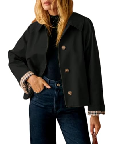 Saklifuo Gabardina corta para mujer, forro a cuadros, solapa con botones frontales, ligera, clásica, casual, ropa exterior con bolsillos, Negro, M