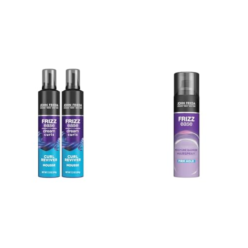 John Frieda Frizz Ease Curly Hair Reviver Mousse for Enhancing Curls & Soft Hold, and Moisture Barrier Firm Hold Anti-Frizz Hairspray, 2 Count