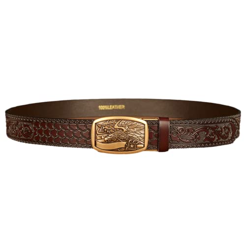 Men Western Cowboy Leather Ratchet Dress Belts,Embossed Belt with Automatic Click Buckle Gold Eagle Head Flag Carved (110cm/waist:36"~38", Brown)2