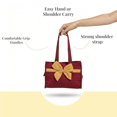 Image of Kuber Industries Cotton Hand Bag for Woman with Zip Closure | Ladies Purse | Multipurpose Party and Wedding Ladies Hand Purse | Bow Design - Maroon
