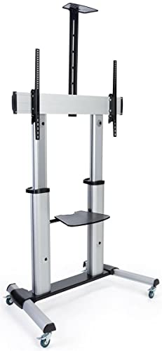 Displays2go Heavy-Duty Mobile TV Stand – Fits 60'–100' Screens, Adjustable Height, AV Shelf & Camera Tray, Silver Aluminum Frame with Locking Wheels (TEL10X6SV)