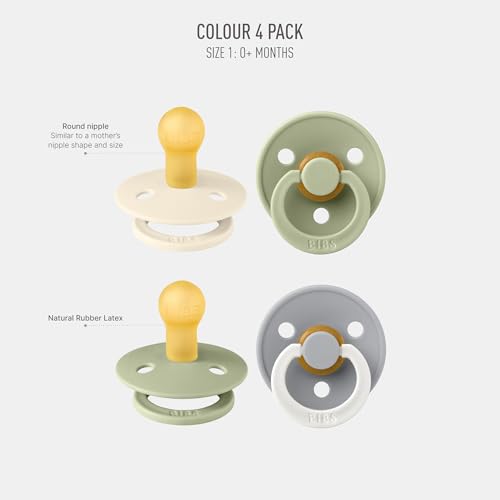 Image of BIBS Colour Soother 4-Pack | BPA Free Dummy Pacifier | Round Nipple | Natural Rubber Latex | Made in Denmark | Size 0-6 Months | Sage Glow Mix
