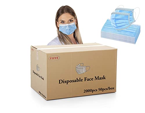 FUYE [Pack of 2000] Fuye Blue Disposable Face Masks | Protective 3-Ply Breathable Comfortable Nose/Mouth Coverings for Home & Office | Elastic Ear Loop 3-Layer Safety Shield for Adults/Kids.