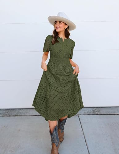 ZESICA Women's 2026 Summer Short Sleeve Maxi Dress Casual V Neck Hollow Out Eyelet Ruffle Swing A Line Long Dresses