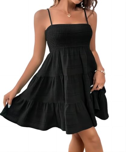 Image of SKAYS Womens Cami Mini Dress Smock Casual A Line Swing Sundress Summer Sleeveless Solid Ruffle Hem Short Dresses