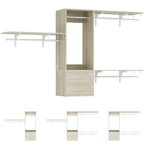 iSunirm Wood Closet System,4-8FT Closet Organizer System with 2 Wooden Drawers,Walk-in Wardrobe Clothes Rack with 4 Hanging Rods for Bedroom,Living Room,White Oak