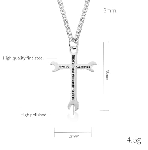 Men Wrench Cross Necklace,Stainless Steel Silver/Gold/Black I Can Do All Things Inspiring Bible Verse Pendant Necklace Christian Jewelry,60cm Rolo Chain2