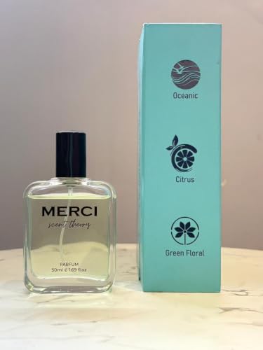 Image of Scent Theory Merci Eau de Parfum 50ml | Fresh Citrus Oceanic Fragrance with Travel Atomizer | Unisex Perfume Gift Set | Long Lasting Floral Scent