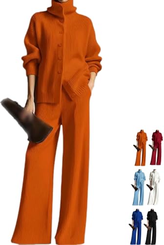 Conjunto de dos piezas de suéter y pantalones tipo cárdigan para mujer, sudadera de punto casual de cuello alto, pantalón de pierna ancha, conjunto de 2 piezas para mujer, naranja, M