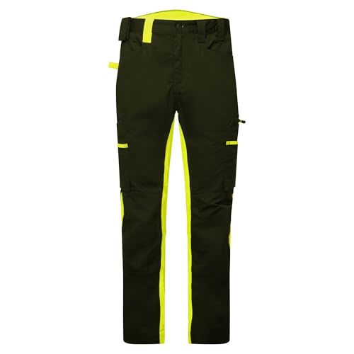 Portwest CD881 WX2 Eco Stretch Trade Trousers Durable Workwear Multi Pocket Flexible Fit Breathable Ventilation Recycled Fabric Sustainable Construction Work Pants, Black/Yellow, 30