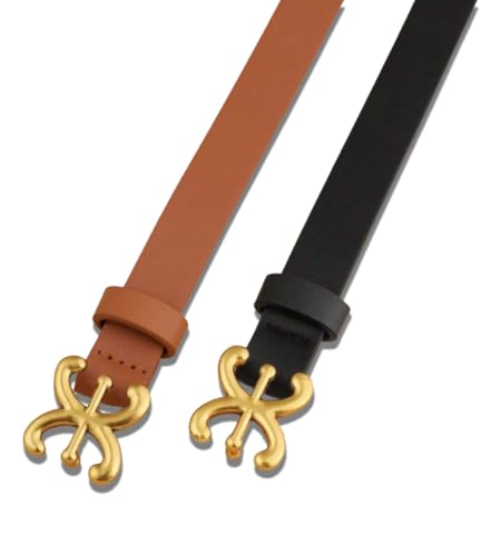 Women's Skinny Leather Belts with Gold Buckle, Set of 2, Brown and Black, 1-inch width, Ideal for Dresses, Jeans, and Coats, Black3