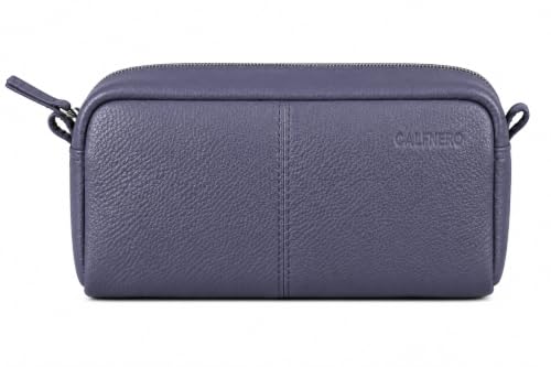 Image of Calfnero Genuine Leather Toiletry Bag for Men & Women | Premium Leather Travel-Pouch | Toiletry Organizer | Cosmetic & Shaving Kit Bag | Unisex Travel Dopp Kit (Navy)