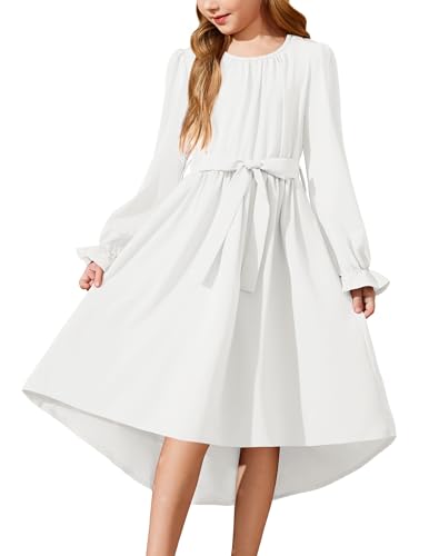 Arshiner Vestido de Gasa para Niña Vestido Festivo de Manga Larga Vestido de Fiesta Vestido de Comunión Infantil Vestido de Baile Vestido de Boda Vestido de Niña de Flores Color Blanco 11-12 Años