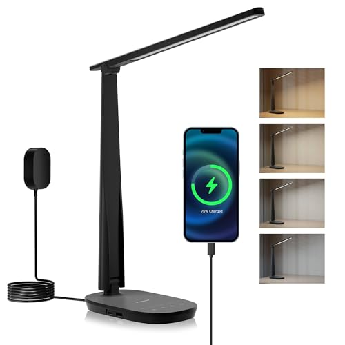 HONEYWELL LED Desk Lamp - HWT-H2 Sunturalux™ Eye-Caring Foldable Desk Light with USB A+C Dual Charging Port 4 Color Modes Dimmable Table Lamp for Home Office Bedroom Reading Study Work - Bla