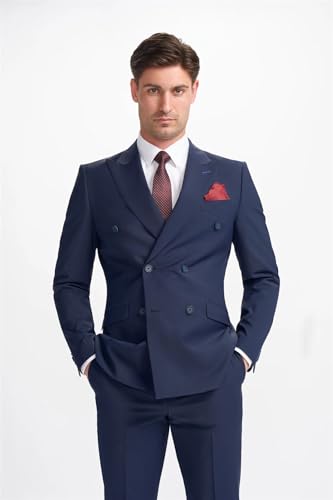Men's Suit Navy Blue 2 Piece Double Breasted Tailored Fit Formal Wedding Dress2