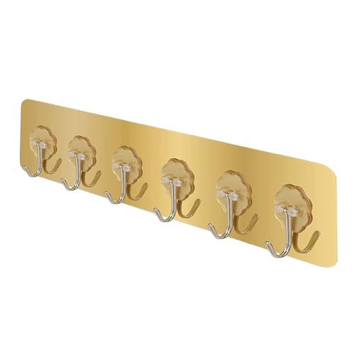 Image of Self Adhesive Wall Hooks for Kitchen Organizer Hook for Wall Without Drilling for Home Kitchen Bathroom Bedroom Keys Bag Towels - 6 Stainless Steel Hook with Plastic Strip ( Golden, Pack of 1)