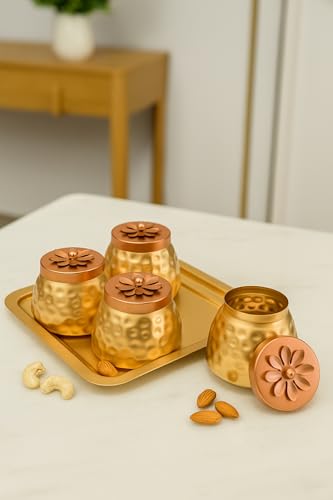 Image of Sanvatsar Square Shape Metal Basket with Jar Tray 4 Copper Flower Container Dry Fruits Chocolate Sweets Candys Gifts Set for Office, Home Decor Table Decoration Item (Pack of 4 Tray Plain)