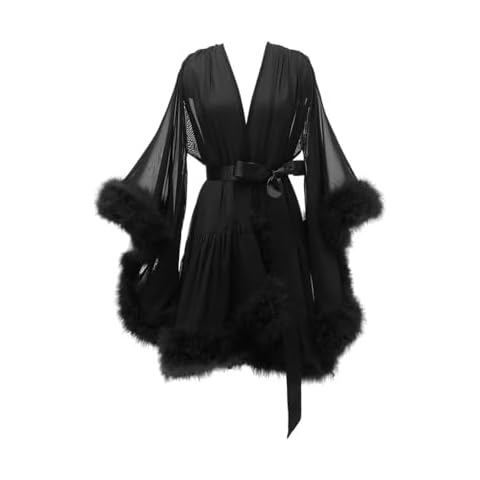 Molisa Sexy Feather Bridal Robes Chiffon Bridal Dressing Gown Illusion Lingerie Bathrobe Sleepwear Fur Cuff Short Nightie XXL Black Cover