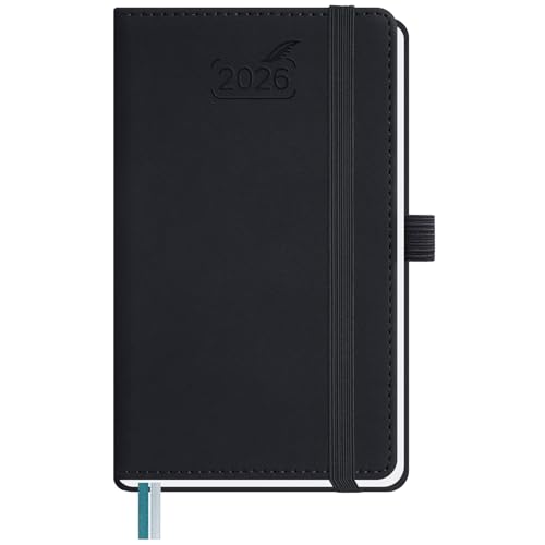BEZEND Taschenkalender 2026 Klein 15,5 x 9 cm | Kalender 2026 Buchkalender 1 Woche 2 Seiten | Terminplaner 2026 Wochenplaner A6 mit Stiftschlaufe & PU-Leder Hardcover - Schwarz