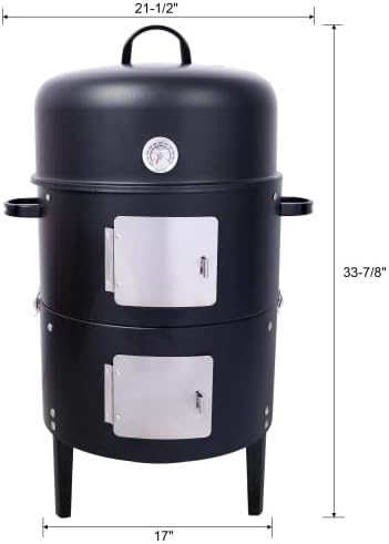 LuckyNote 17 Inch Steel Charcoal Smoker, Heavy Duty Round BBQ Grill for Outdoor Cooking, Black