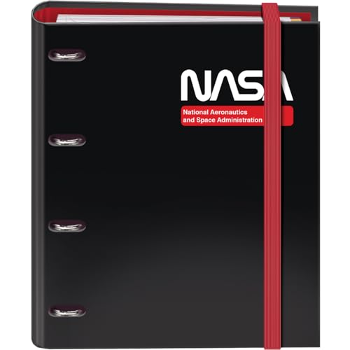 Dohe - Ordner mit 4 Ringen mit Nachfüllung, 100 Blatt, A4, Gummiverschluss, 4 farbige Trennblätter, Dokumententasche, Papier 90 g/m², Kompressor, Schulmaterial - NASA Black - Schwarz