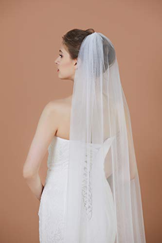 Beautelicate Wedding Bridal Veil With Comb 1 Tier Lace Applique Chapel Length 90" Ivory White #TOP1