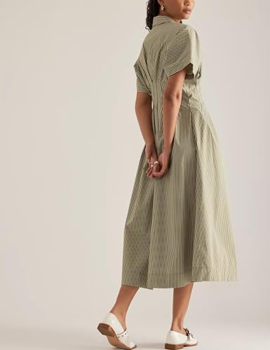 Women Button Front Pleated Shirt Maxi Dress Summer Striped Prints Short Sleeve Collar Casual Long Dresses3