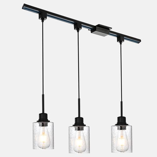 PENDRION 3 Pack Track Lighting Pendant Black Dining Room Chandelier with H Type Track Light Rail and Floating Canopy Connector