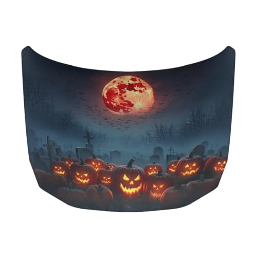 Image of Fire Moon Pumpkins Car Hood Cover Slip-On Washable Elastic Weatherproof Fabric Elastic Band Fixation Fits Most Cars