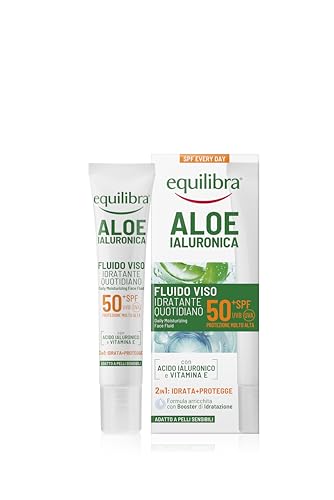 Equilibra, Aloe Ialuronica Fluido Viso Quotidiano SPF 50+, con Acido Ialuronico, Vitamina E, Azione 2in1 Idrata e Protegge, Difende da Raggi UVA/UVB e Luce Blu, Adatto a Pelli Sensibili, 40ml