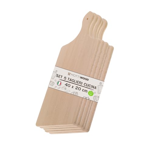 Set 5 Taglieri da Cucina con Manico, 100% Legno Faggio, Perfetto per Tagliare e Servire, Dimensioni 40x20x2hcm, Alta Resistenza, Made in Italy