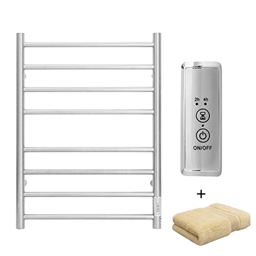 KEG Towel Warmer Wall Mounted with Built-in Timer 8 Bars Electric Stainless Steel Heated Towel Racks for Bathroom, Hot Plug-in Bath Towel Heater Brushed Nickel (TW-8-BN)