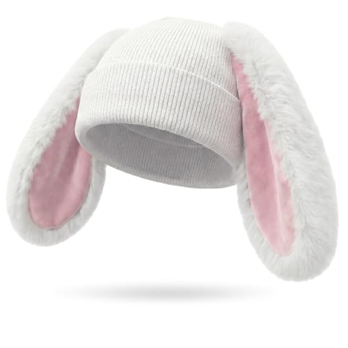 Maiteenly Easter Rabbit Bunny Ear Knit Hat Costume Adults Women Costume Detachable Rabbit Ears Cute Cartoon Gift Pink White Soft Plush Warm Winter Cozy for Easter Halloween Cosplay Party Supplies