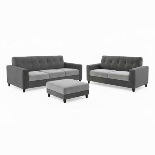 Image of Homeboy Luxe Velvet-Suede Fabric 3 + 2 Seater with Ottoman Dual Tone Sofa Set | Comfortable & Spacious Seating for Upto 6 Person | Modern Sofa Set for Living Room - Light Grey & Dark Grey