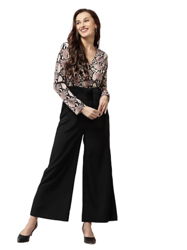 Image of LONDON BELLY Women's Polyester Semi-Formal Jumpsuit with Round Neck Half Sleeves Adjustable Waist Tie Abstract Pattern and Regular Fit | Women Stylish One Piece Outfit | Women Regular Fit Jumpsuit