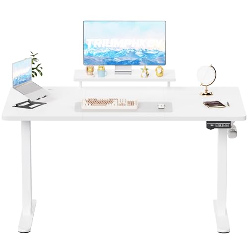 TRIUMPHKEY 160x70cm Escritorio Elevable Eléctrico Standing Desk con Estantes para Monitor Mesa Elevable Escritorio en Altura Estante de Almacenamiento Home Office Tablero de Empalme Blanco