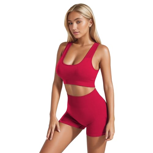 dohomiryo Donna Set di Abbigliamento Yoga Reggiseno Sportivo+Leggings 2 Pezzi Tuta Sportiva Palestra Fitness Activewear Rosso L