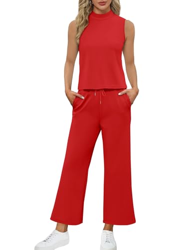 Image of SAMPEEL Two Piece Sets for Women Summer Outfits Lounge Sets Mock Neck Tops Wide Leg Crop Pants Vacation Travel Outfits
