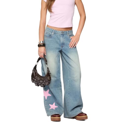 Mxiqqpltky Butterfly Print Jeans for Women Vintage Graphic High Waist Boyfriend Denim Pants Casual Baggy Jeans Y2K Streetwear