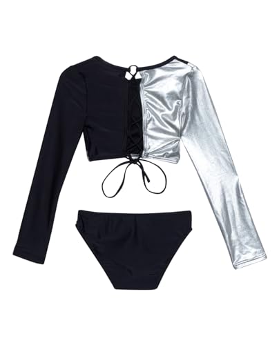 Gottex Baby Girl's Kids Toddler and Little Duo Black and Silver Block Print Two Piece Cropped Rash Guard Long Sleeve Swimsuit