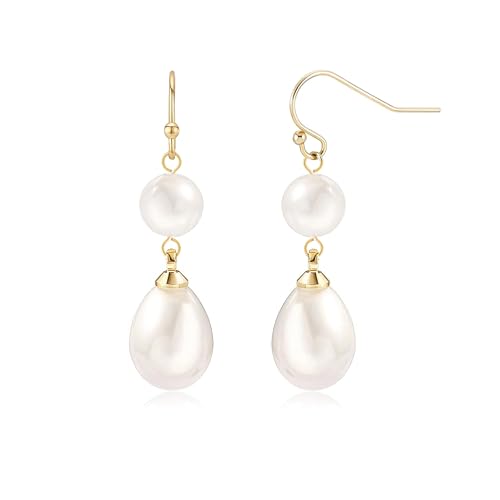 Pearl Earrings for Women 14K Gold Plated/925 Sterling Silver Double Pearl Dangle Drop Earrings for Bridal Wedding Prom Jewelry Gifts