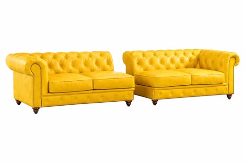Image of UMAR ARTS Luxury Chesterfield Leatherate Sofa Set, Tufted Genuine Leatherate, Classic Living Room Furniture (Yellow 4 Seater)