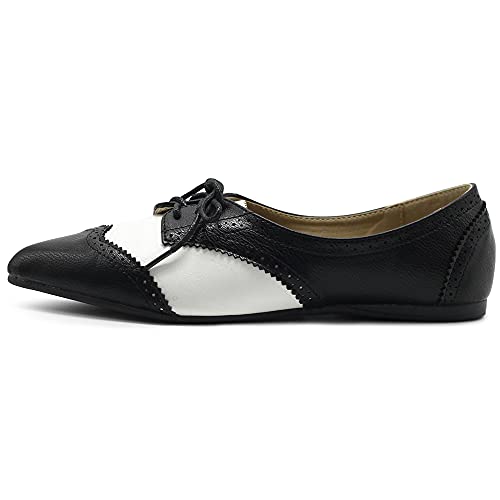 Ollio Women's Shoes Flat Wingtip Lace Up Pointed Toe Two Tone Oxford F131 (8.5 B(M) Us, Black) #TOP1
