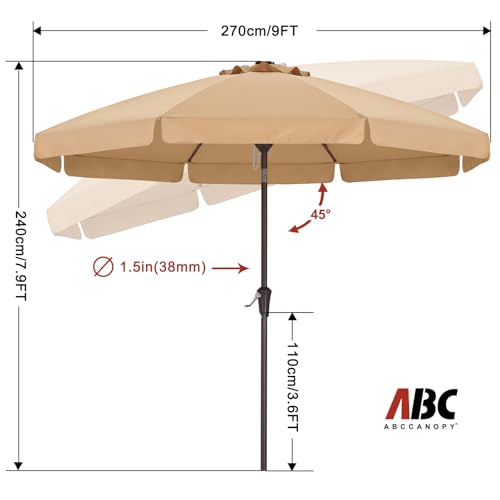 Image of ABCCANOPY 9ft Scalloped Patio Umbrella, Outdoor Table Umbrella with Tilt and Crank, Fiberglass Ribs Deck Umbrella for Patio, Pool, Garden, Picnic (Tan)