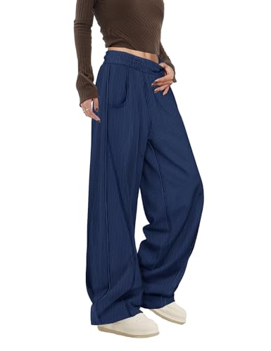 YESNO Women's Corduroy Casual Baggy Pants Elastic Waist Wide Leg Trousers with Pockets PCB